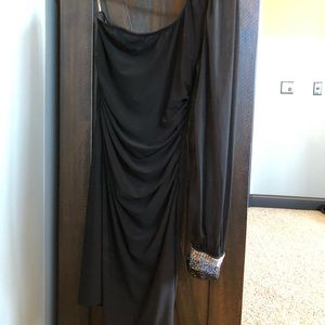 Black asymmetrical ruched bodycon dress